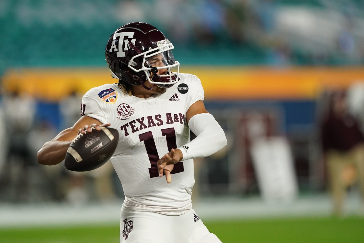 Texas A&M Aggies quarterback Kellen Mond (11) warms up prior to their game against the North Carolina Tar Heels at Hard Rock Stadium.