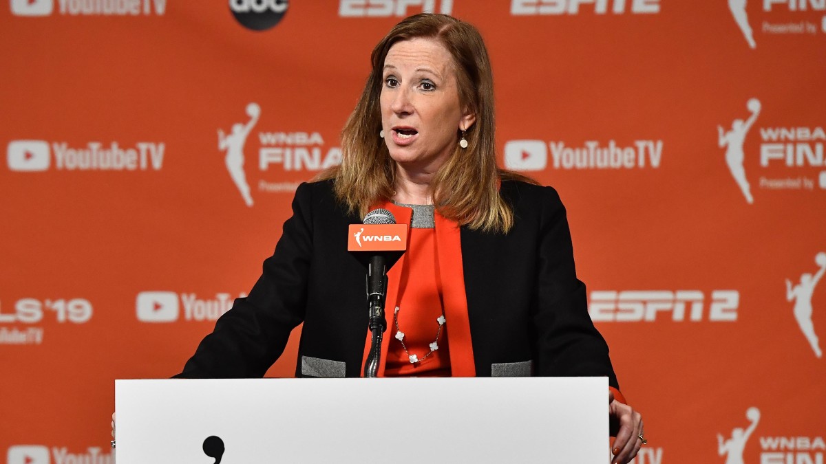 WNBA Commissioner Cathy Engelbert address the media before game one of the 2019 WNBA Finals between the Washington Mystics and the Connecticut Sun at The Entertainment and Sports Arena.