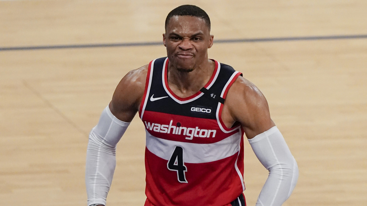 Russell Westbrook reacts after a dunk.