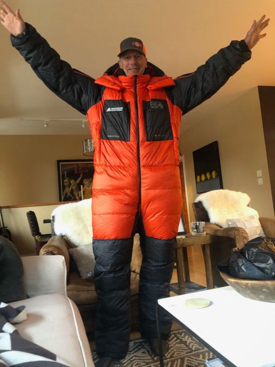 Mark Pattison models his mountain-climbing suit.