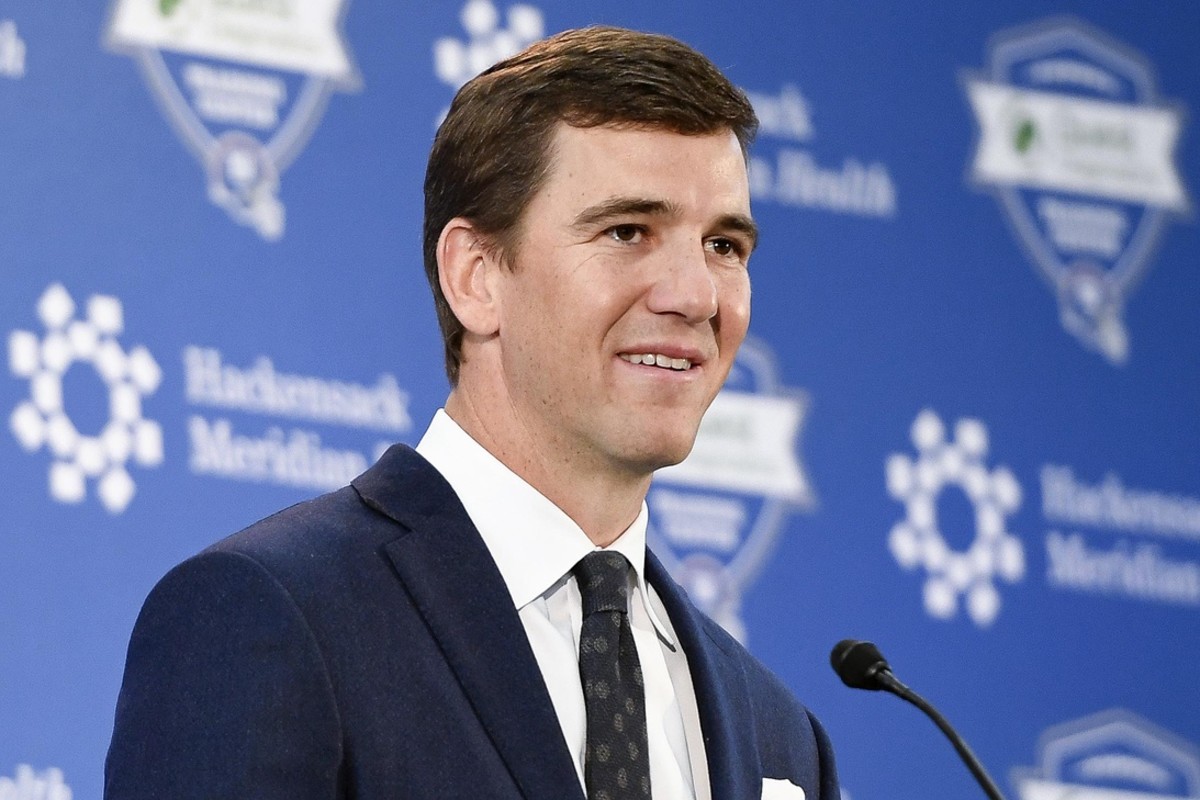 Jan 24, 2020; East Rutherford, New Jersey, USA; New York Giants quarterback Eli Manning announces his retirement during a press conference at Quest Diagnostics Training Center.
