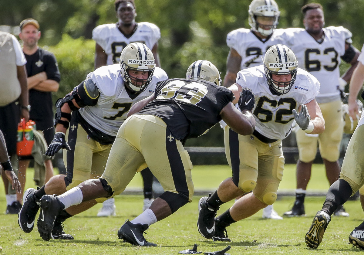 Jul 28, 2019; Metairie, LA, USA; New Orleans Saints offensive tackle Ryan Ramczyk (71) and center Nick Easton (62) work against New Orleans Saints defensive tackle David Onyemata (93) during training camp at the Ochsner Sports Performance Center. Mandatory Credit: Derick E. Hingle-USA TODAY S