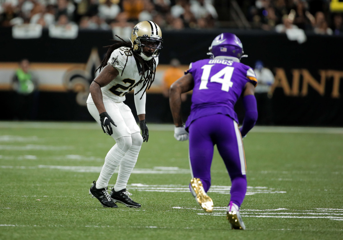 Jan 5, 2020; New Orleans, Louisiana, USA; New Orleans Saints cornerback Janoris Jenkins (20) defends Minnesota Vikings wide receiver Stefon Diggs (14) during the second quarter of a NFC Wild Card playoff football game at the Mercedes-Benz Superdome. Mandatory Credit: Derick Hingle-USA TODAY Sports