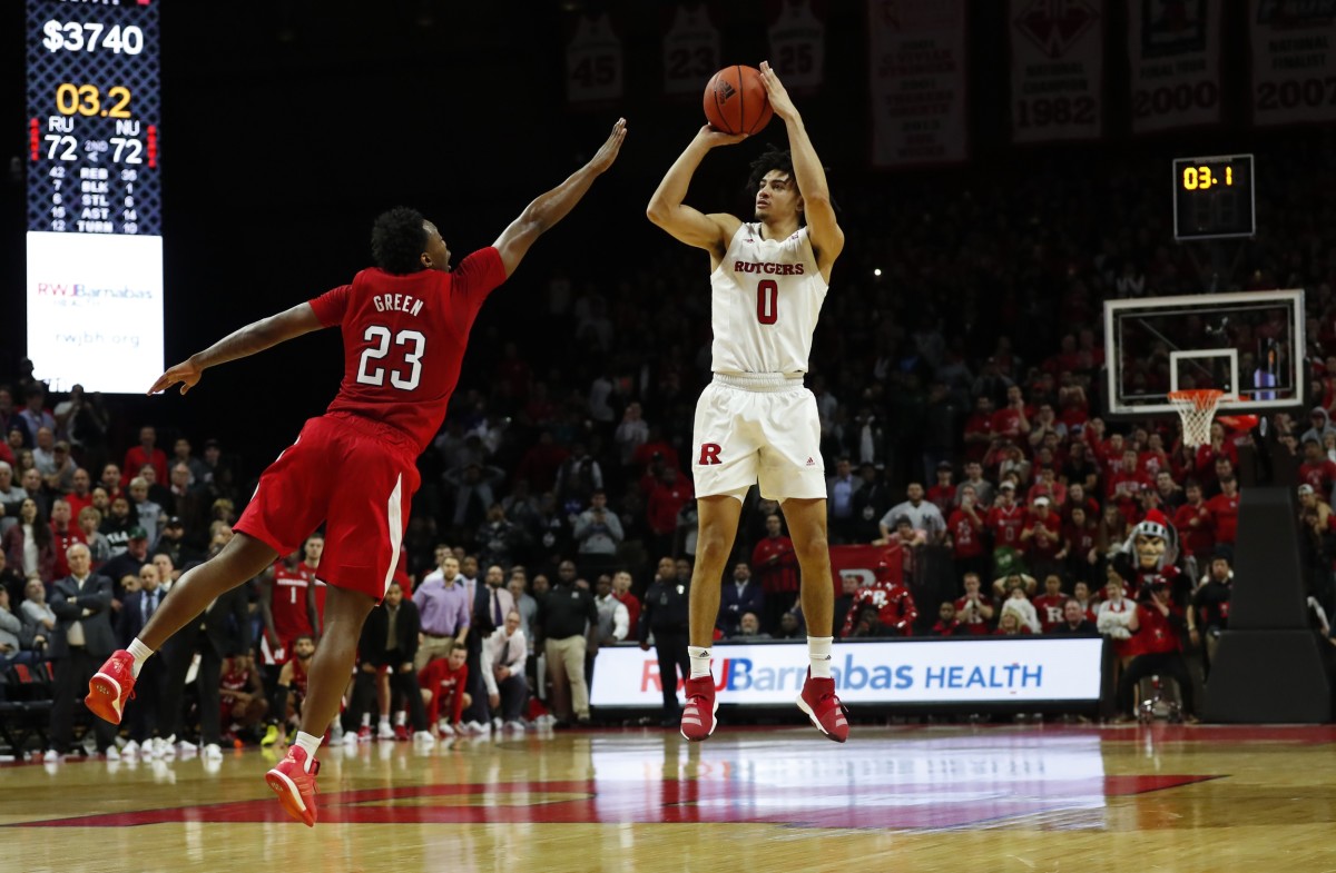 Rutgers' Geo Baker hits the game-winning shot over Nebraska with 1.2 seconds to go. (Mandatory credit: USA TODAY SPORTS)
