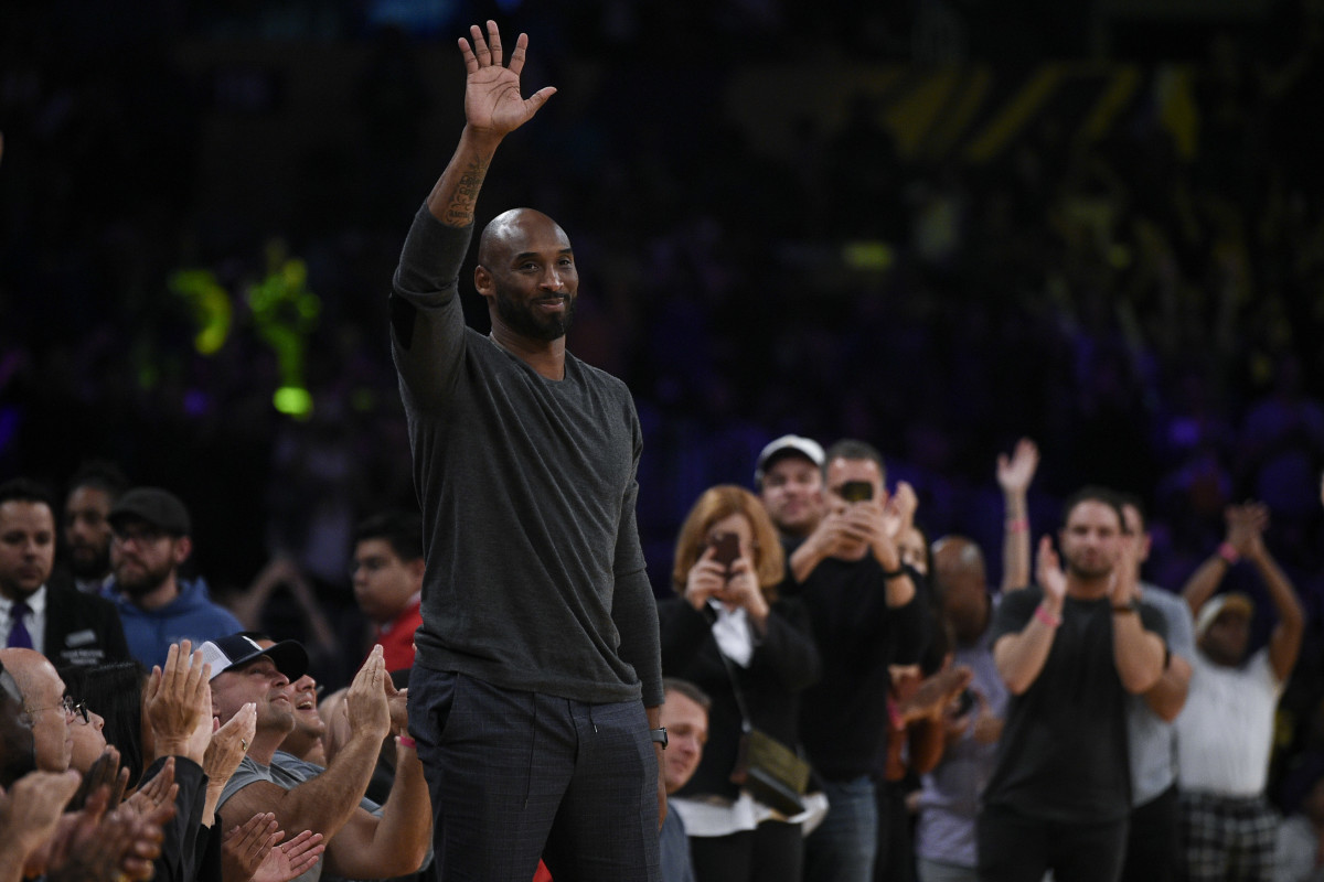 Nov 17, 2019; Los Angeles, CA, USA; Former Lakers player Kobe Bryant acknowledges the crowd during the second quarter against the Atlanta Hawks at Staples Center. (Kelvin Kuo-USA TODAY Sports)