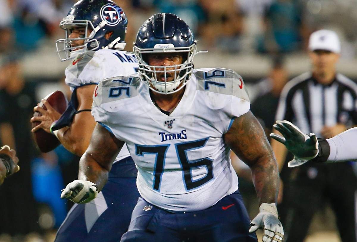 Tennessee Titans offensive guard Rodger Saffold (76) blocks during the second half against the Jacksonville Jaguars at TIAA Bank Field.