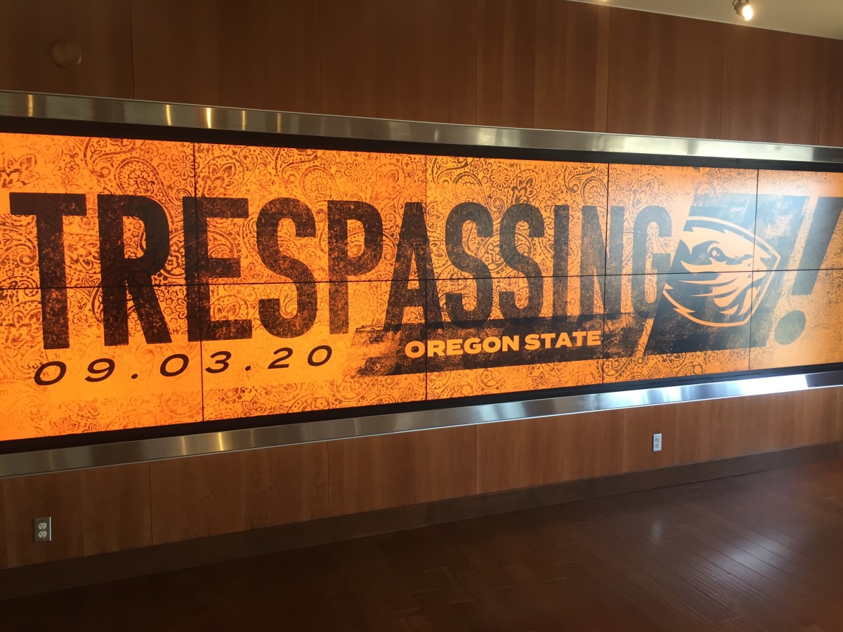 The video boards in the football offices ready for Oregon State.