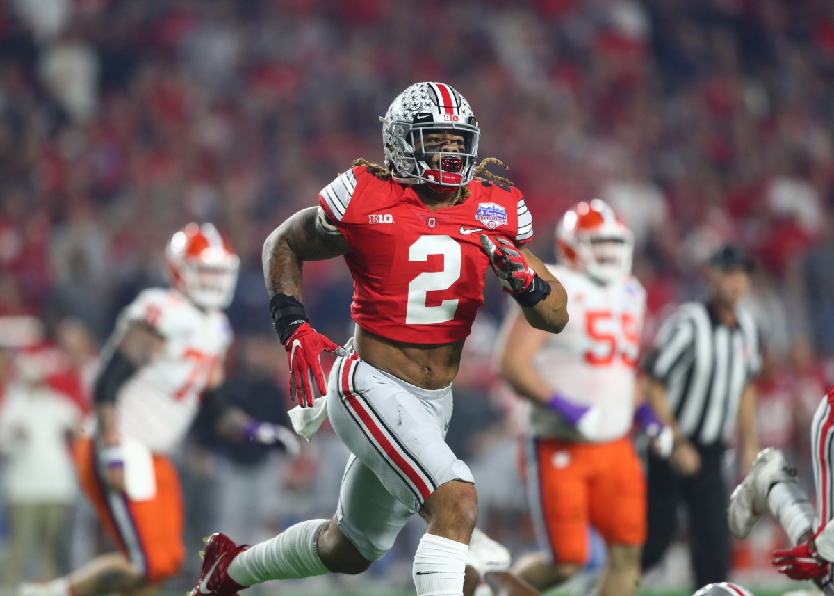 Dec 28, 2019; Glendale, AZ, USA; Ohio State Buckeyes defensive end Chase Young (2) against the Clemson Tigers during the 2019 Fiesta Bowl college football playoff semifinal game at State Farm Stadium.