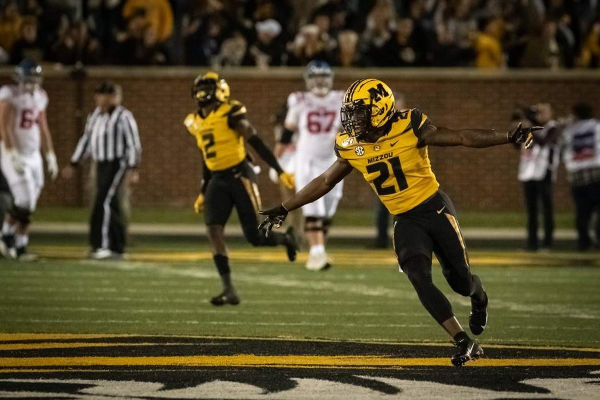 Christian Holmes celebrates a play at Missouri in a game against Ole Miss. 