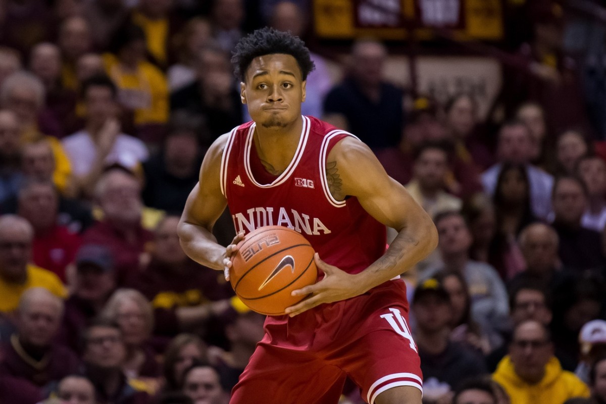 Indiana Hoosiers guard Curtis Jones (0) passes in the first half against the Minnesota Gophers at Williams Arena. Jones played two seasons for the Hoosiers.  Mandatory Credit: Brad Rempel-USA TODAY Sports