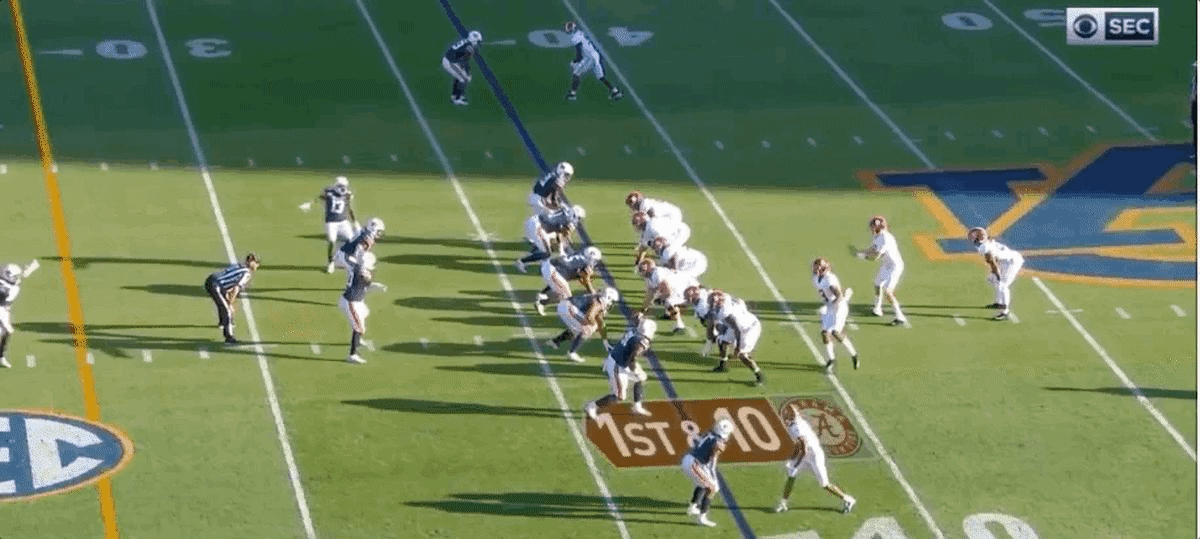 To me, this play here is the epitome of what Ruggs can do. He gets a good break off the line of scrimmage, gets nice separation on the comeback route, and uses his speed to destroy a defender's pursuit angle and slip by that defender and another for the touchdown.