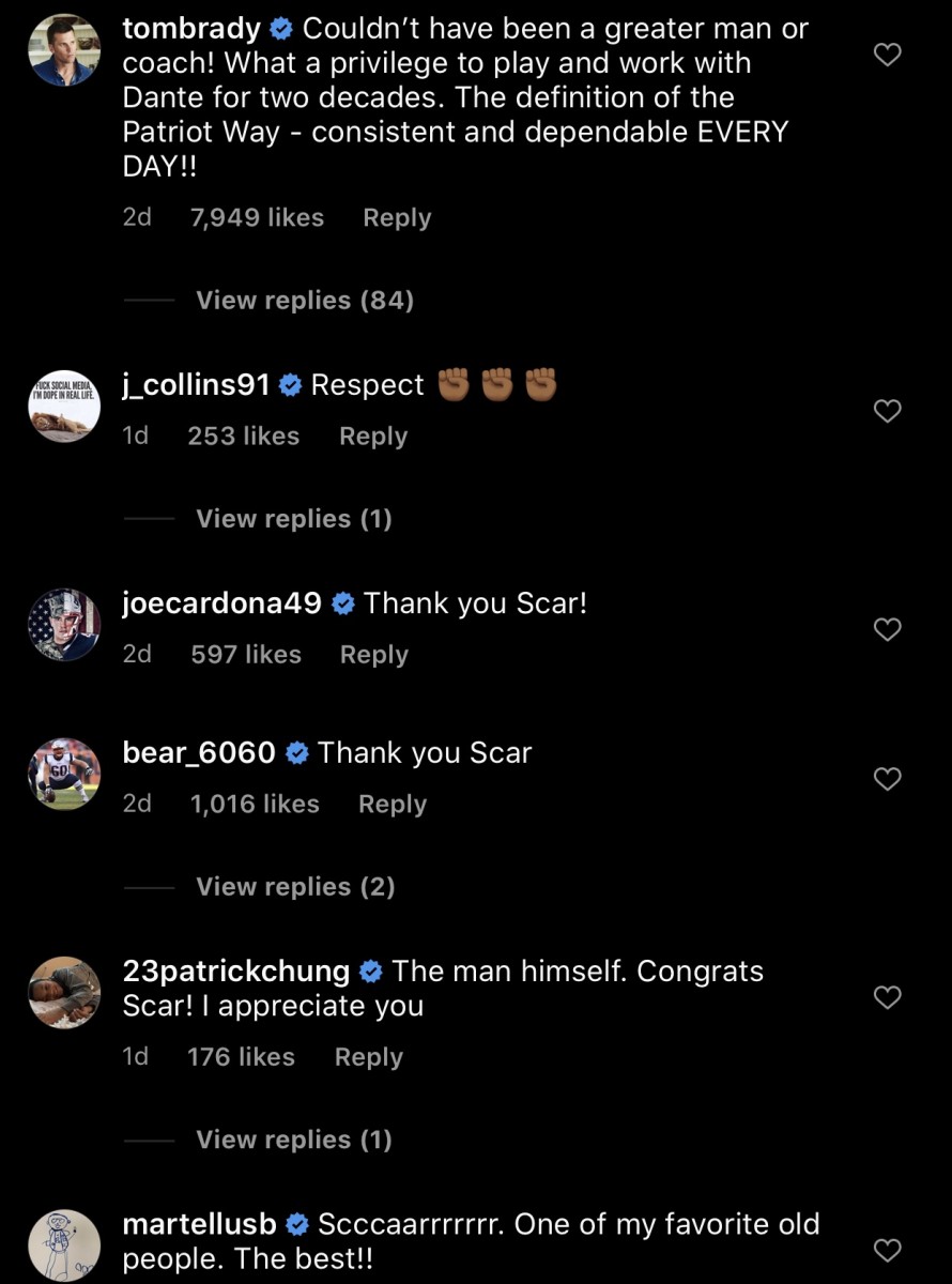 Patriots players commented on the Patriots' official Instagram post about the retirement of o-line coach, Dante Scarnnechia. 