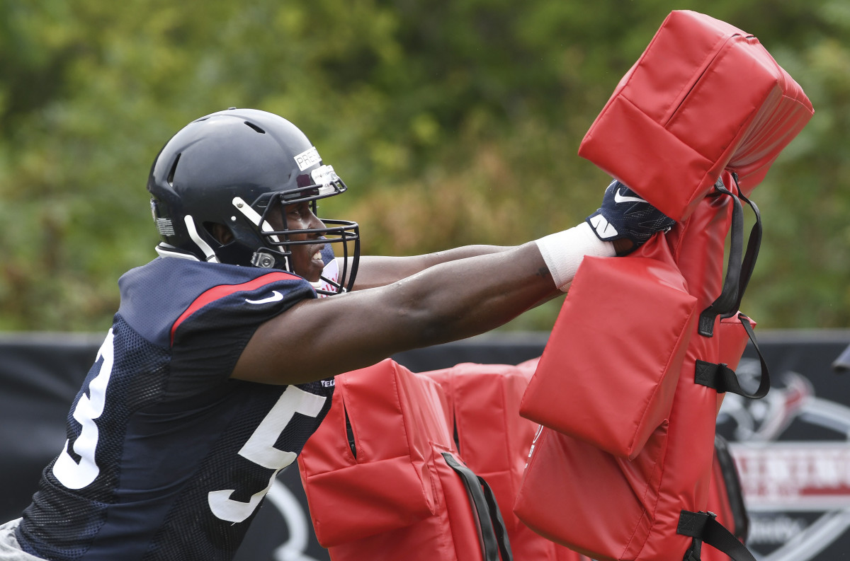 Houston Texans outside linebacker Gimel President (53) hits a blocking sled during the 2017 training camp at The Greenbrier.