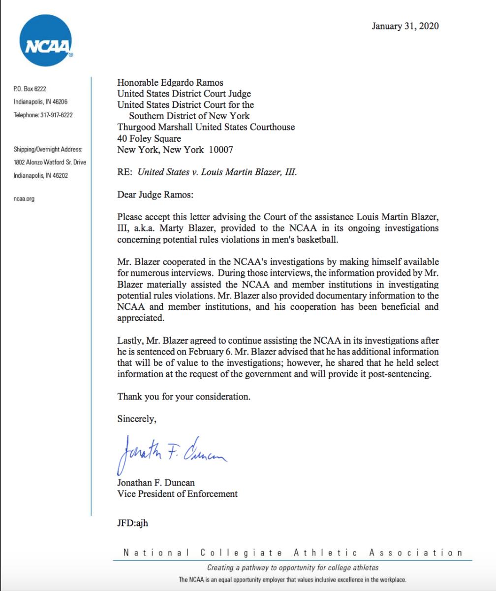 NCAA letter