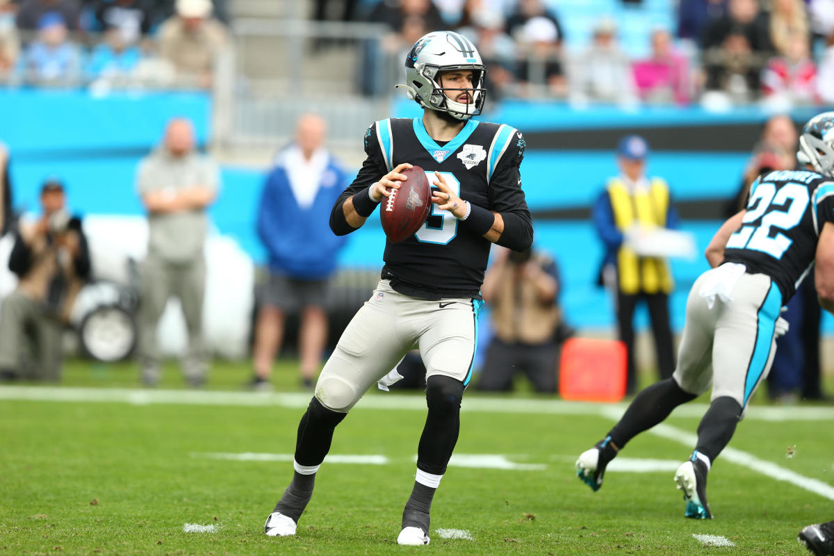 Carolina Panthers quarterback Will Grier (3) looks to pass during the first quarter against the New Orleans Saints at Bank of America Stadium
