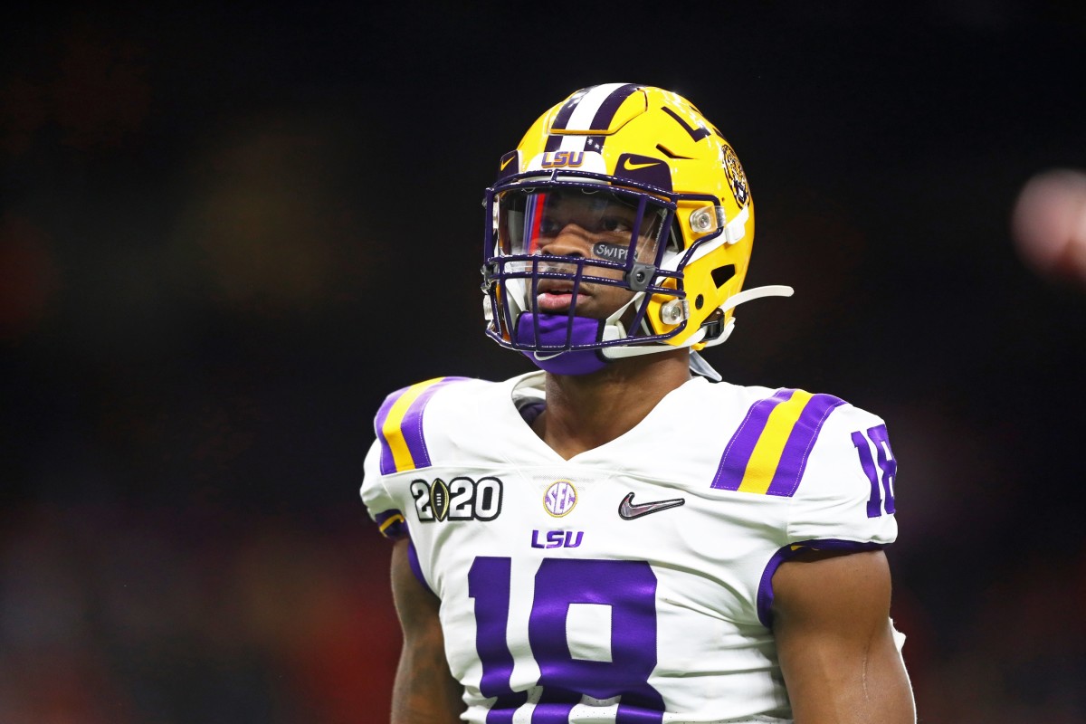 Jan 13, 2020; New Orleans, Louisiana, USA; LSU Tigers linebacker K'Lavon Chaisson (18) against the Clemson Tigers in the College Football Playoff national championship game at Mercedes-Benz Superdome.