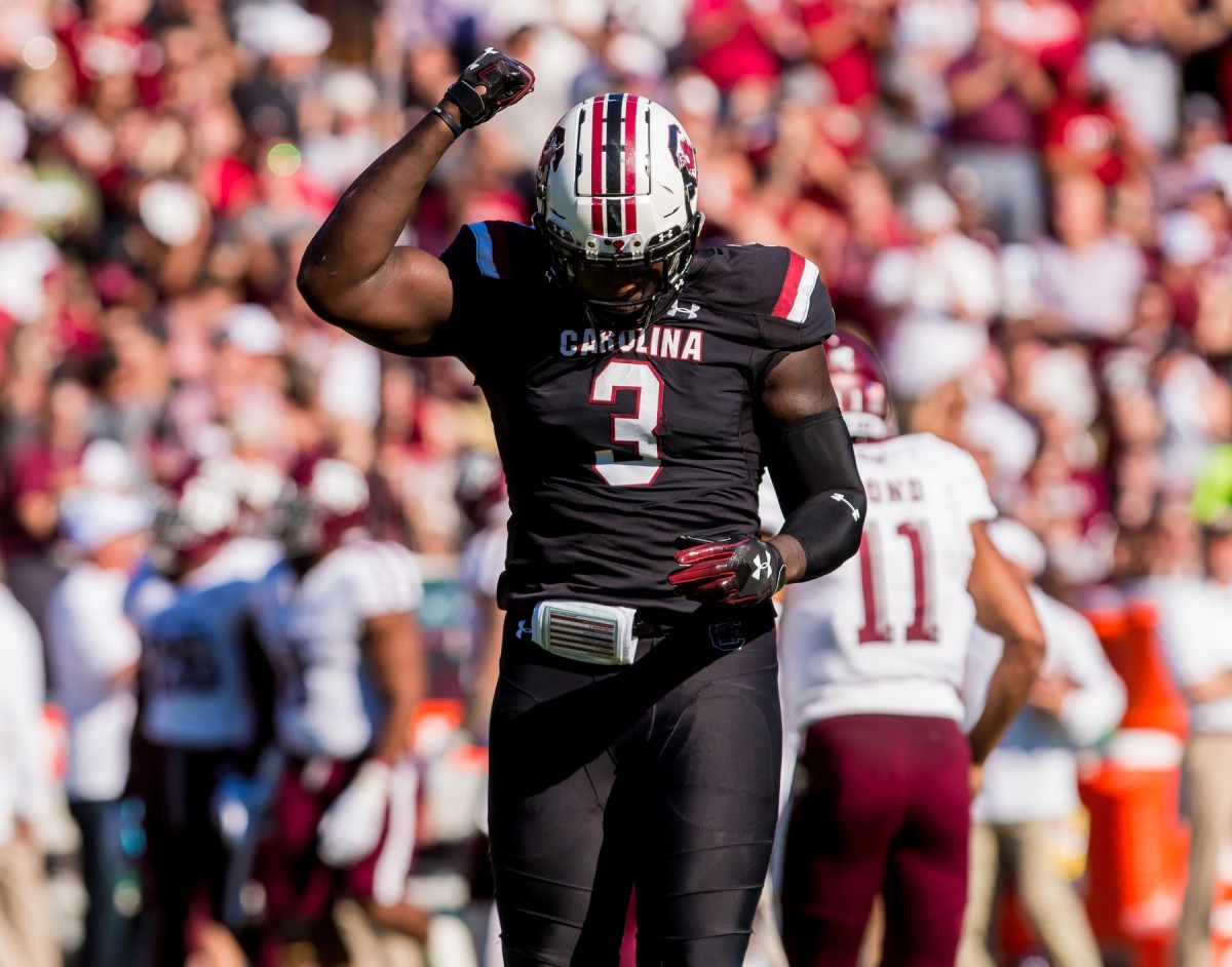 Oct 13, 2018; Columbia, SC, USA; South Carolina Gamecocks defensive lineman Javon Kinlaw (3) celebrates a play against the Texas A&M Aggies in the first quarter at Williams-Brice Stadium. Mandatory Credit: Jeff Blake-USA TODAY Sports