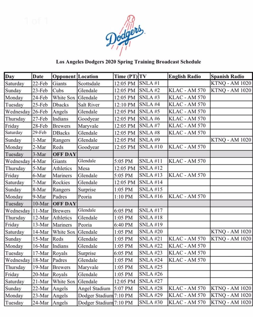 dodgers spring training schedule