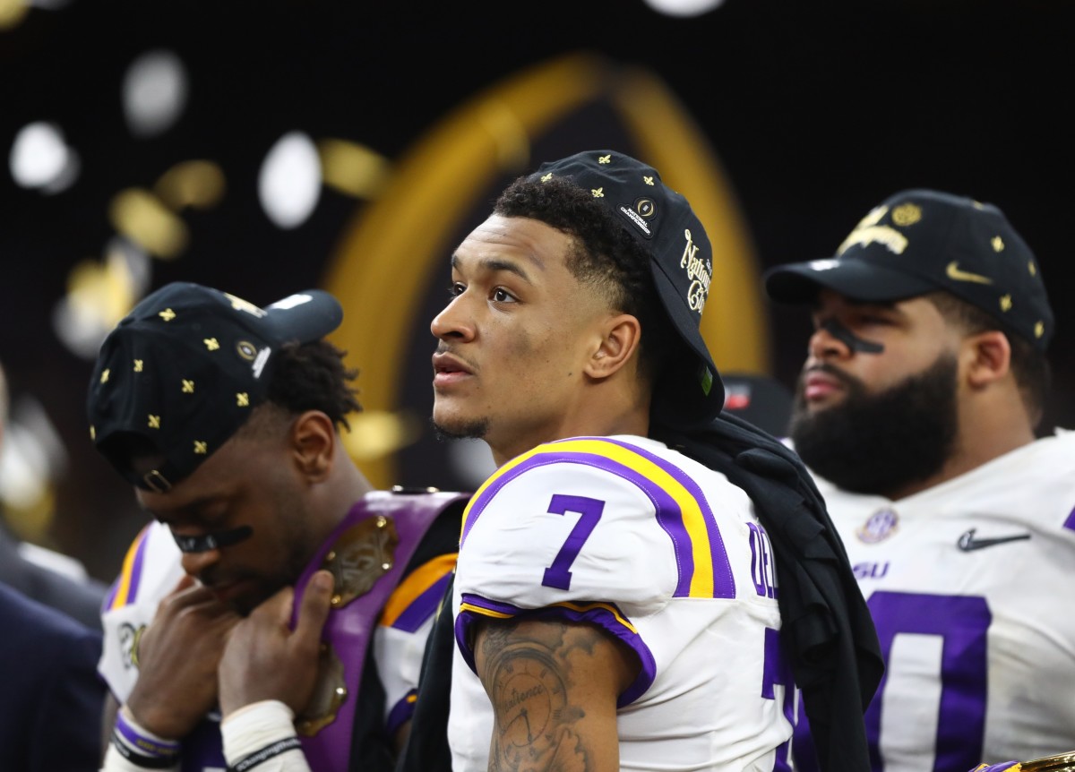 Jan 13, 2020; New Orleans, Louisiana, USA; LSU Tigers safety Grant Delpit (7) against the Clemson Tigers in the College Football Playoff national championship game at Mercedes-Benz Superdome.