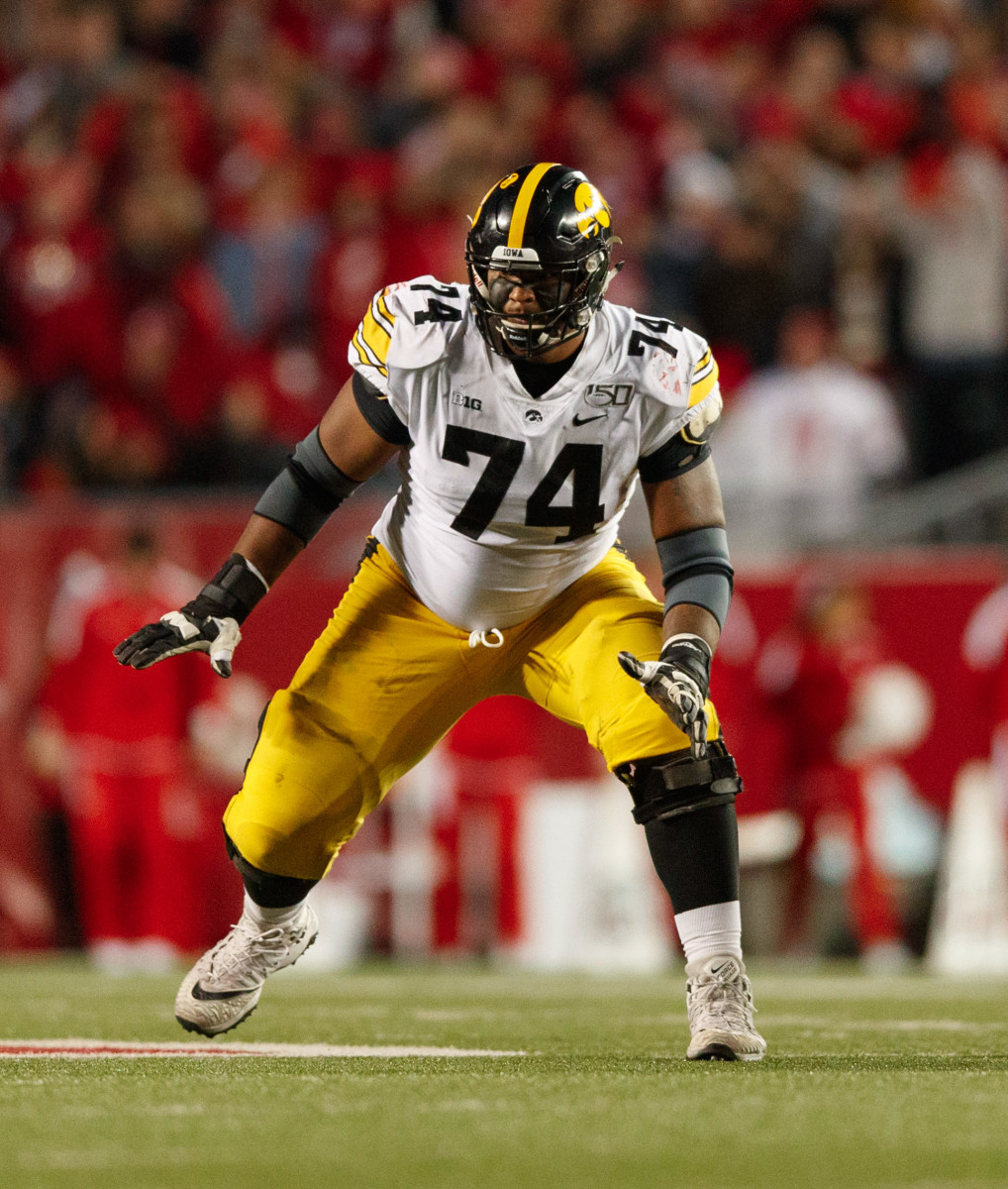 Nov 9, 2019; Madison, WI, USA; Iowa Hawkeyes offensive lineman Tristan Wirfs (74) during the game against the Wisconsin Badgers at Camp Randall Stadium. Mandatory Credit: Jeff Hanisch-USA TODAY Sports