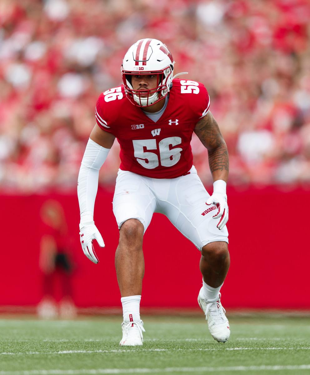 Sep 7, 2019; Madison, WI, USA; Wisconsin Badgers linebacker Zack Baun (56) during the game against the Central Michigan Chippewas at Camp Randall Stadium. Mandatory Credit: Jeff Hanisch-USA TODAY Sports