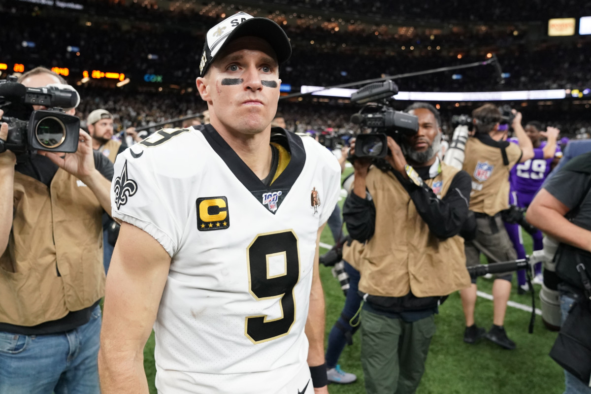 Jan 5, 2020; New Orleans, Louisiana, USA; New Orleans Saints quarterback Drew Brees (9) reacts after an overtime loss to the Minnesota Vikings in a NFC Wild Card playoff football game at the Mercedes-Benz Superdome. Mandatory Credit: John David Mercer-USA TODAY Sports