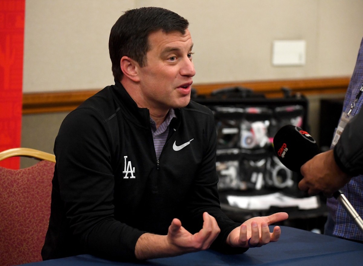 Feb 19, 2019; Glendale, AZ, USA; Los Angeles Dodgers general manager Andrew Friedman answers questions from the media during spring training media day at the Glendale Civic Center. Mandatory Credit: Jayne Kamin-Oncea-USA TODAY Sports