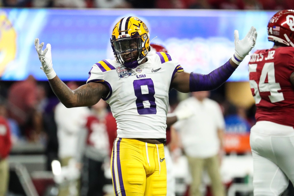 Dec 28, 2019; Atlanta, Georgia, USA; LSU Tigers linebacker Patrick Queen (8) reacts during the second quarter of the 2019 Peach Bowl college football playoff semifinal game against the Oklahoma Sooners at Mercedes-Benz Stadium.