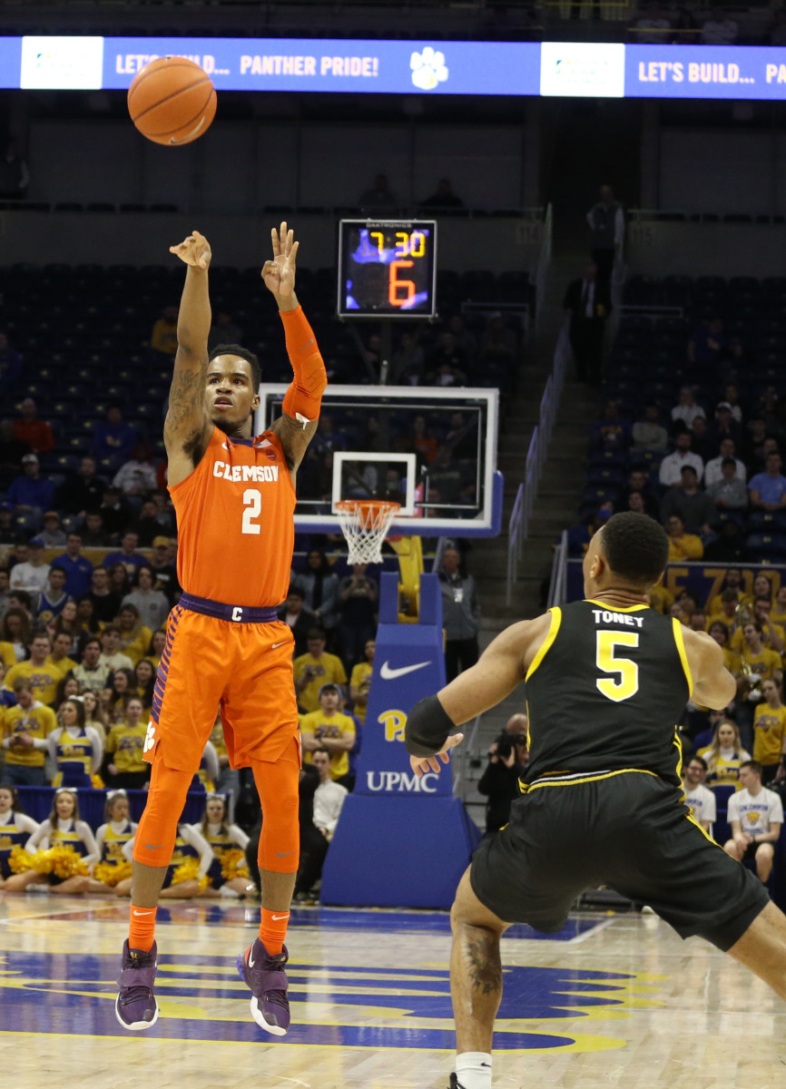 Clemson Tigers guard Al-Amir Dawes (2) shoots a three point basket against the Pittsburgh Panthers during the first half at the Petersen Events Center on Wednesday.