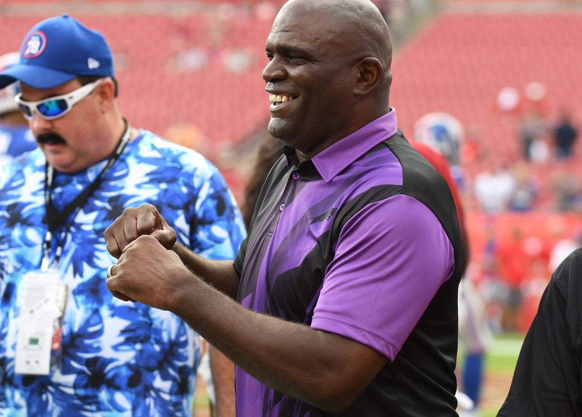 Oct 1, 2017; Tampa, FL, USA; National Football League Hall of Fame player Lawrence Taylor talks with fans on the field before the game between his former team the New York Giants and the Tampa Bay Buccaneers at Raymond James Stadium.