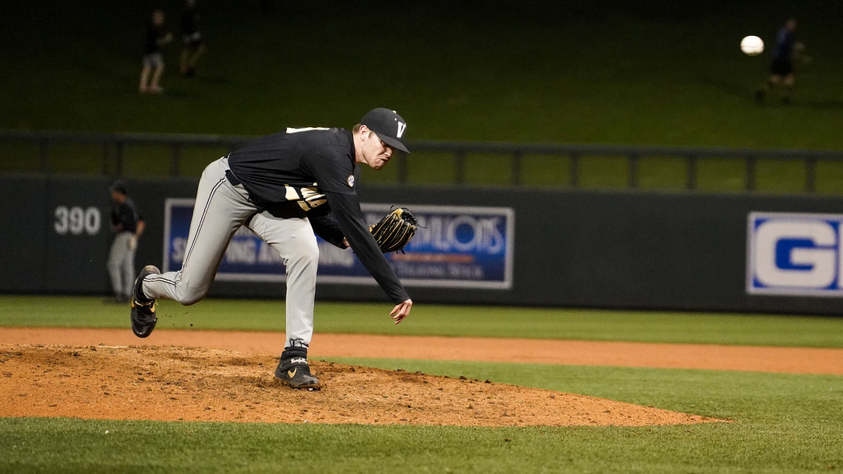 Commodores freshman Sam Hliboki delivers a pitch versus UConn in the first game of his college career. 