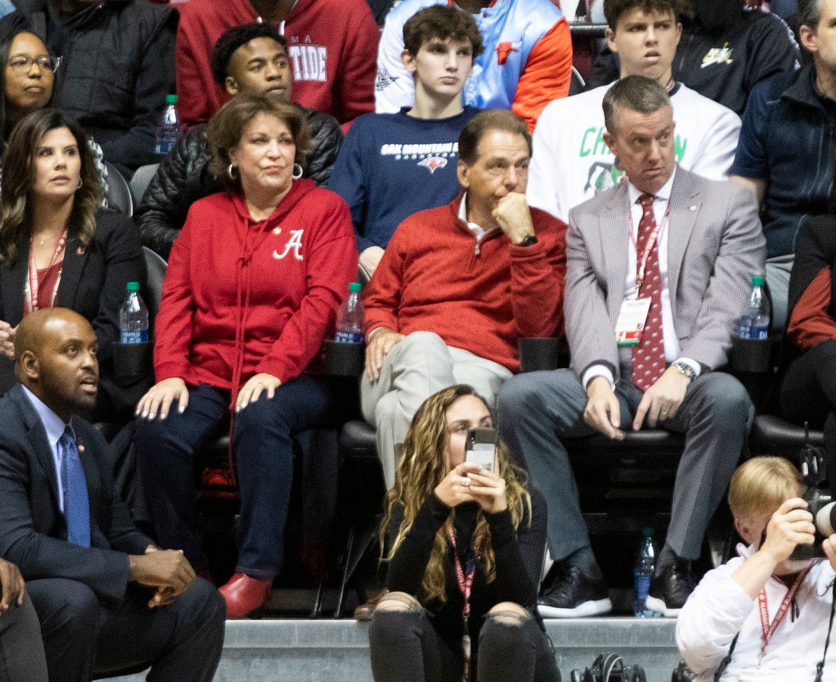 Terry and Nick Saban, and Greg Byrne during Alabama's win against LSU