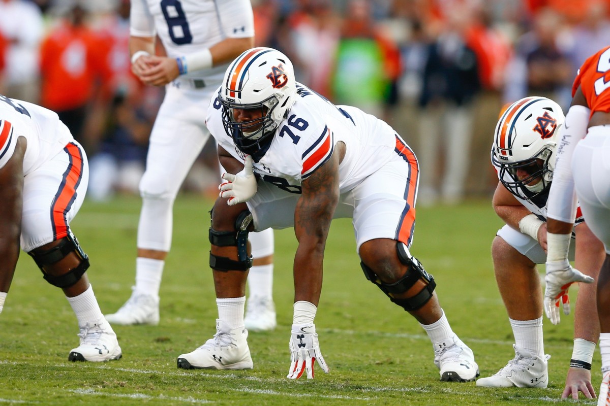 Auburn Tigers offensive lineman Prince Tega Wanogho (76) lines up during the game against the Clemson Tigers at Clemson Memorial Stadium.