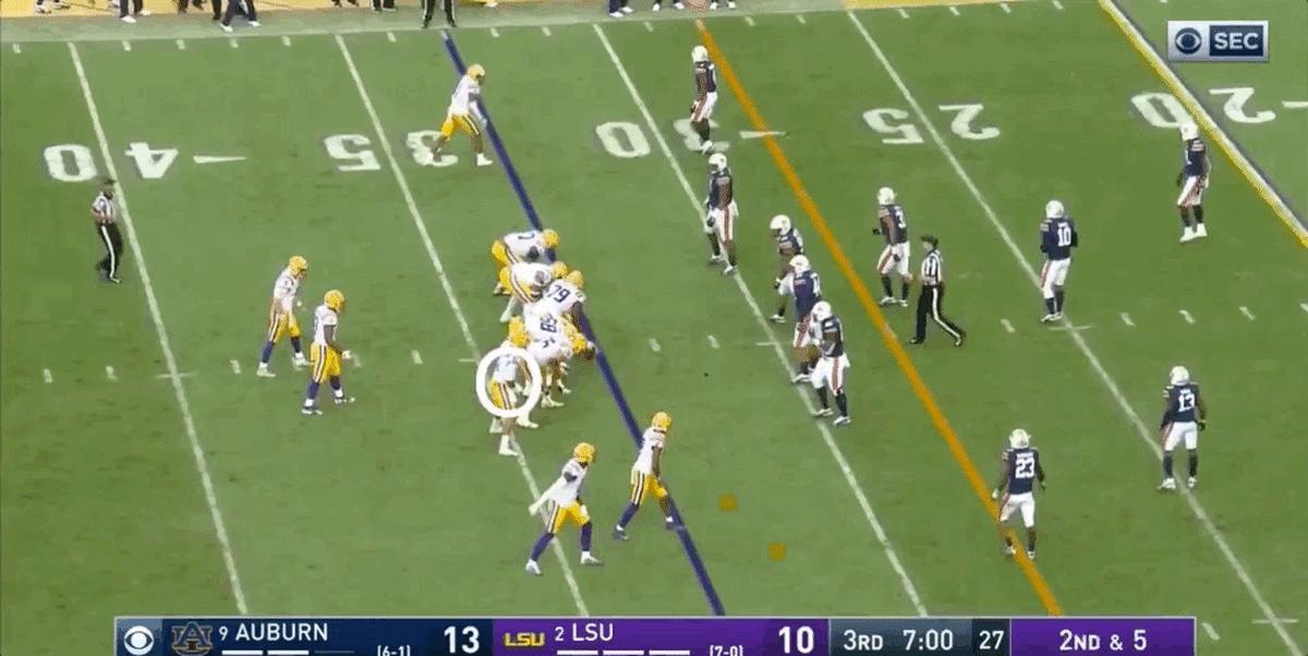 Watch the pancake block by Moss here. There are a lot of those on the tape. Really excelled with run blocking at LSU.