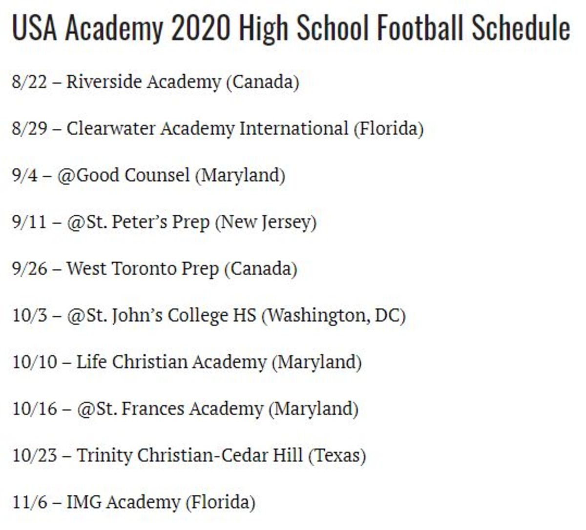 USA Academy 2020 Schedule