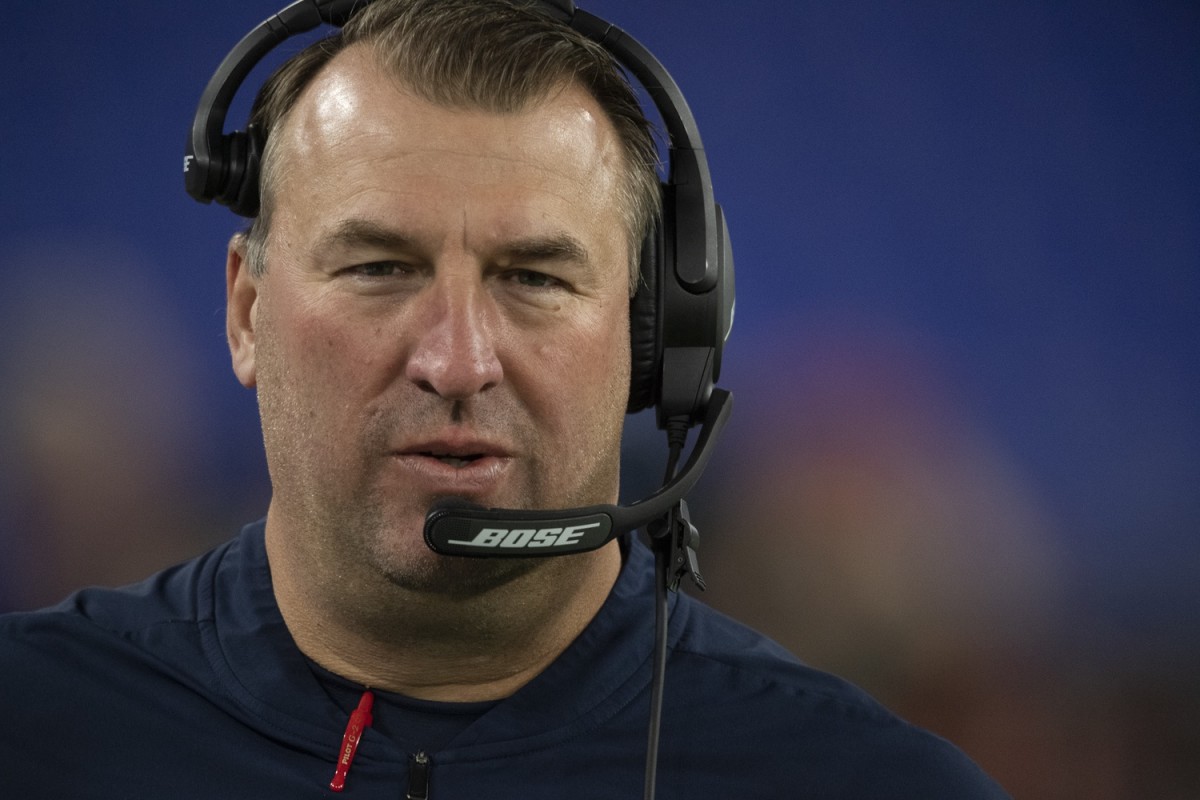 Nov 3, 2019; Baltimore, MD, USA; New England Patriots defensive line coach Bret Bielema stands win the sidelines before the game against the Baltimore Ravens at M&T Bank Stadium.