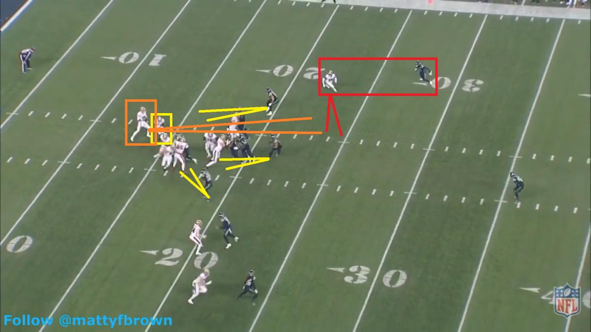 In Week 17, Garoppolo completes the slant pattern and Lano Hill misses the tackle in space.