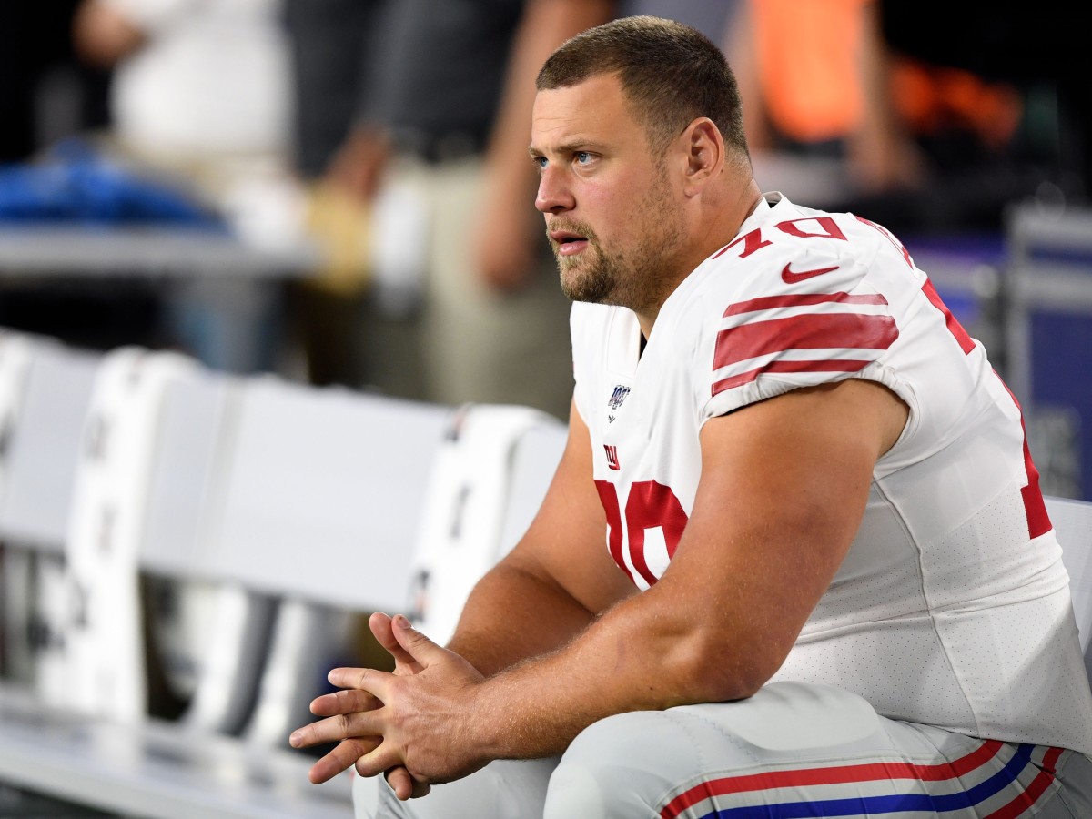Aug 29, 2019; Foxborough, MA, USA; New York Giants offensive guard Kevin Zeitler (70) watches the game during the second half against the New England Patriots at Gillette Stadium.