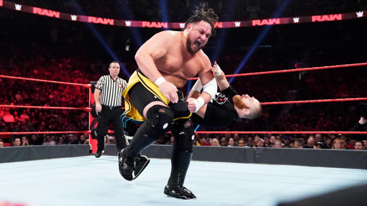 Samoa Joe drops Sami Zayn in a match on WWE Raw