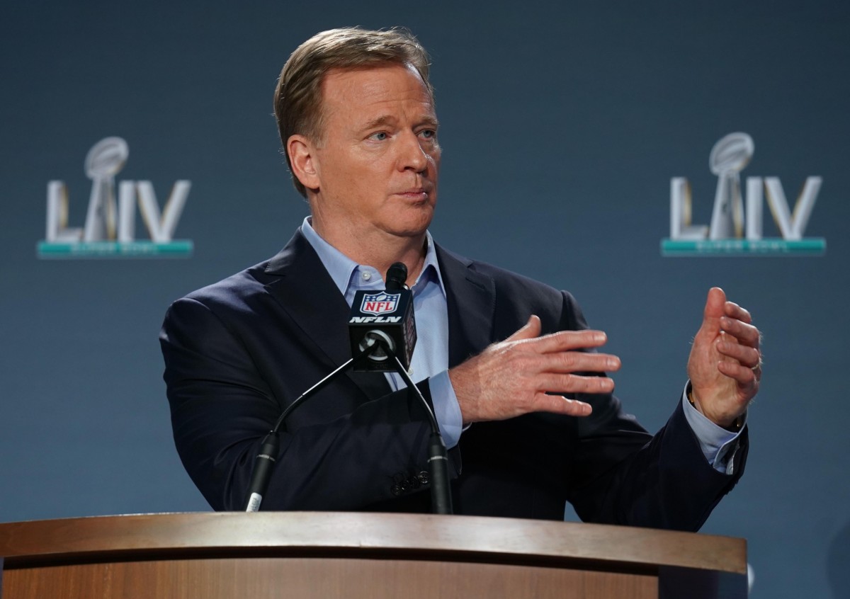 Jan 29, 2020; Miami, Florida, USA; NFL commissioner Roger Goodell during a press conference before Super Bowl LIV at Hilton Downtown.