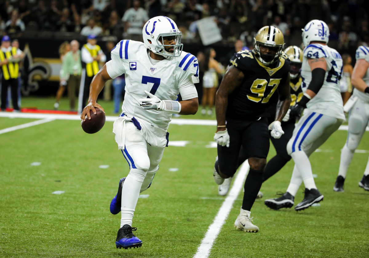 Dec 16, 2019; New Orleans, LA, USA; Indianapolis Colts quarterback Jacoby Brissett (7) runs from New Orleans Saints defensive end Mario Edwards (97) during the second half at the Mercedes-Benz Superdome. Mandatory Credit: Derick E. Hingle-USA TODAY Spo