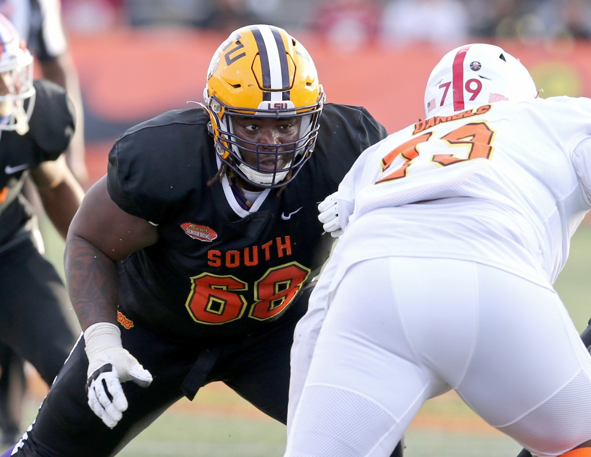 Jan 25, 2020; Mobile, AL, USA; South offensive lineman Damien Lewis of LSU (68) in the second half of the 2020 Senior Bowl college football game at Ladd-Peebles Stadium.