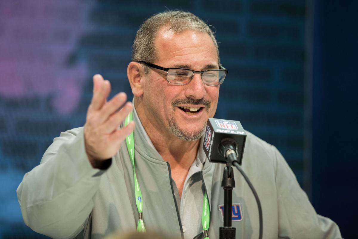 Feb 25, 2020; Indianapolis, Indiana, USA; New York Giants general manager Dave Gettleman speaks to the media during the 2020 NFL Combine in the Indianapolis Convention Center.