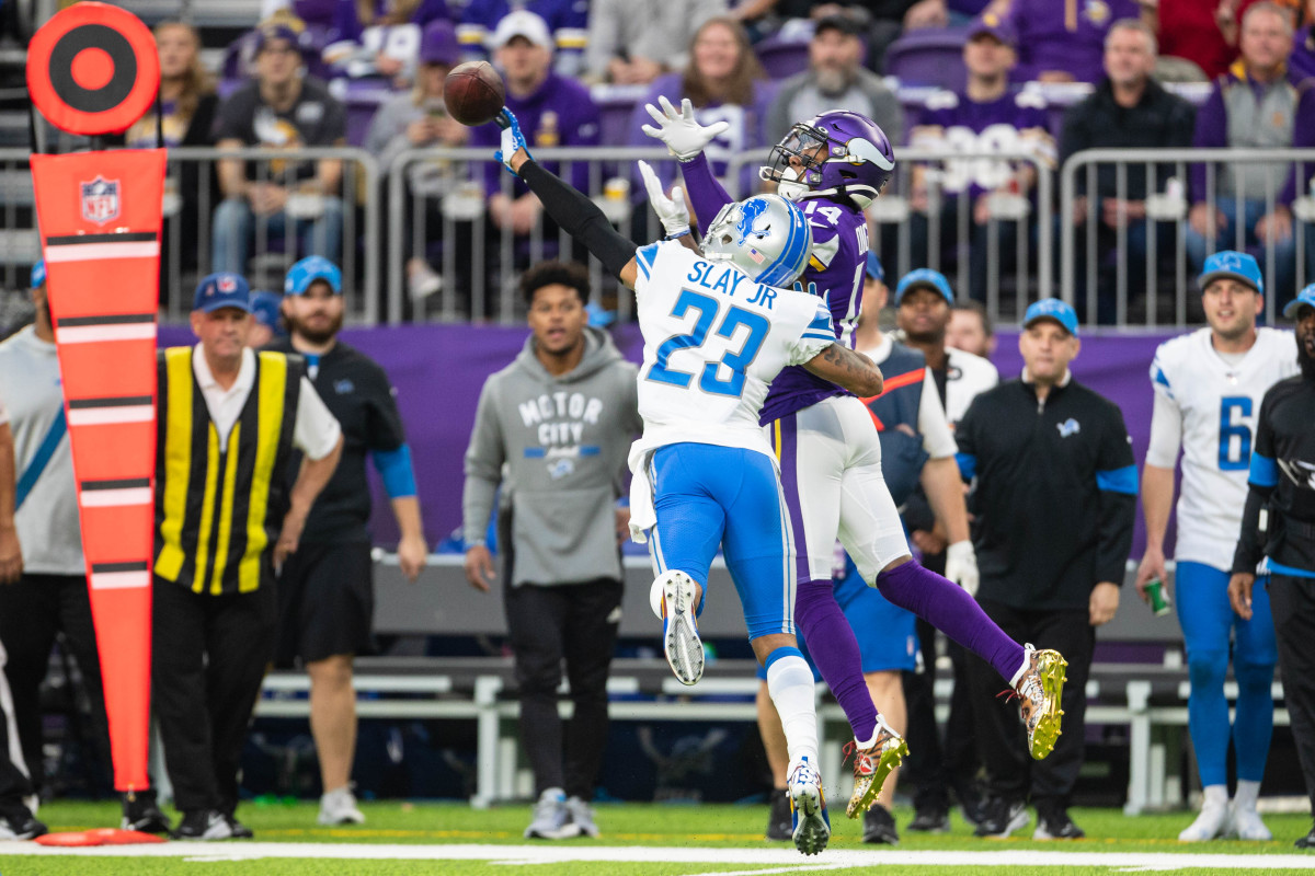 Dec 8, 2019; Minneapolis, MN, USA; Detroit Lions cornerback Darius Slay (23) breaks up a pass intended for Minnesota Vikings wide receiver Stefon Diggs (14) during the first quarter at U.S. Bank Stadium. Mandatory Credit: Harrison Barden-USA TODAY Sport