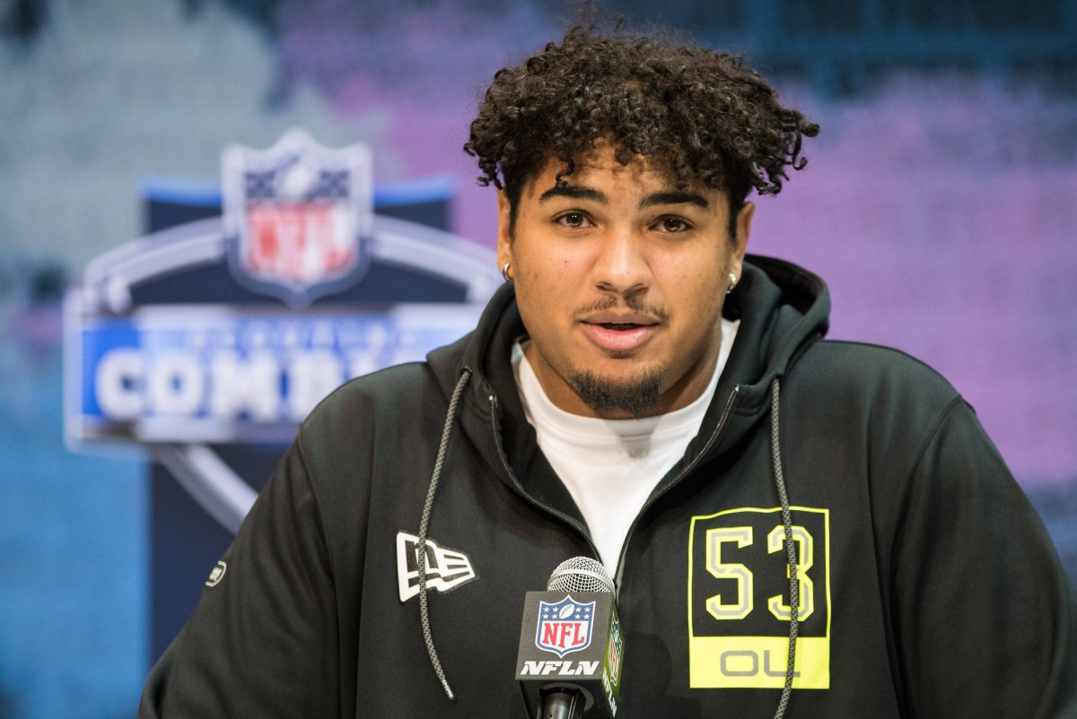 Feb 26, 2020; Indianapolis, Indiana, USA; Iowa offensive lineman Tristan Wirfs (OL53) speaks to the media during the 2020 NFL Combine in the Indianapolis Convention Center.