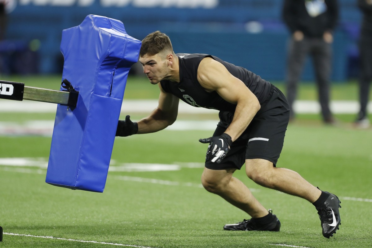 Notre Dame tight end Cole Kmet (TE08) goes through workout drills during the 2020 NFL Combine at Lucas Oil Stadium.