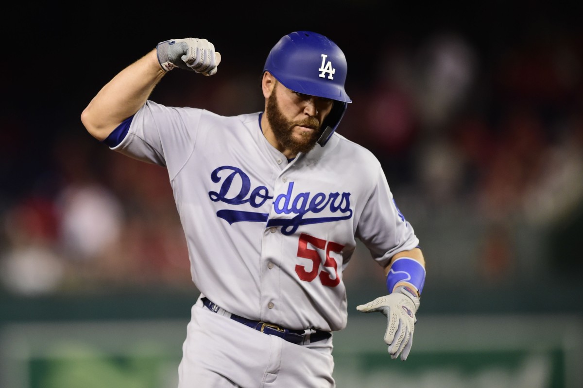 October 6, 2019; Washington, DC, USA; Los Angeles Dodgers catcher Russell Martin (55) celebrates after hitting a two-run home run in the ninth inning against the Washington Nationals in game three of the 2019 NLDS playoff baseball series at Nationals Park. Mandatory Credit: Tommy Gilligan-USA TODAY Sports