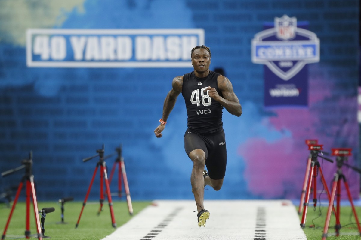 Alabama Crimson Tide wide receiver Henry Ruggs Iii (WO48) run the 40 yard dash during the 2020 NFL Combine at Lucas Oil Stadium.
