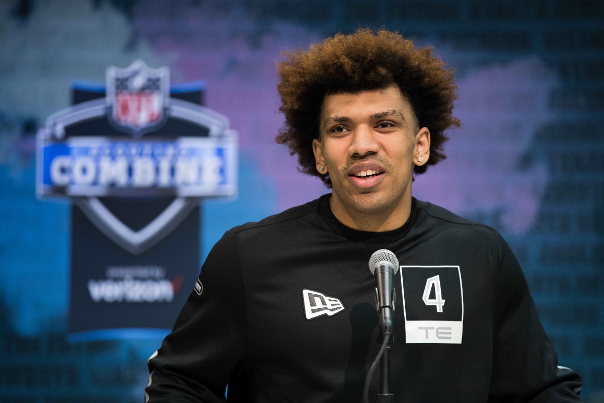 Feb 25, 2020; Indianapolis, Indiana, USA; Washington tight end Hunter Bryant (TE04) speaks to the media during the 2020 NFL Combine in the Indianapolis Convention Center.