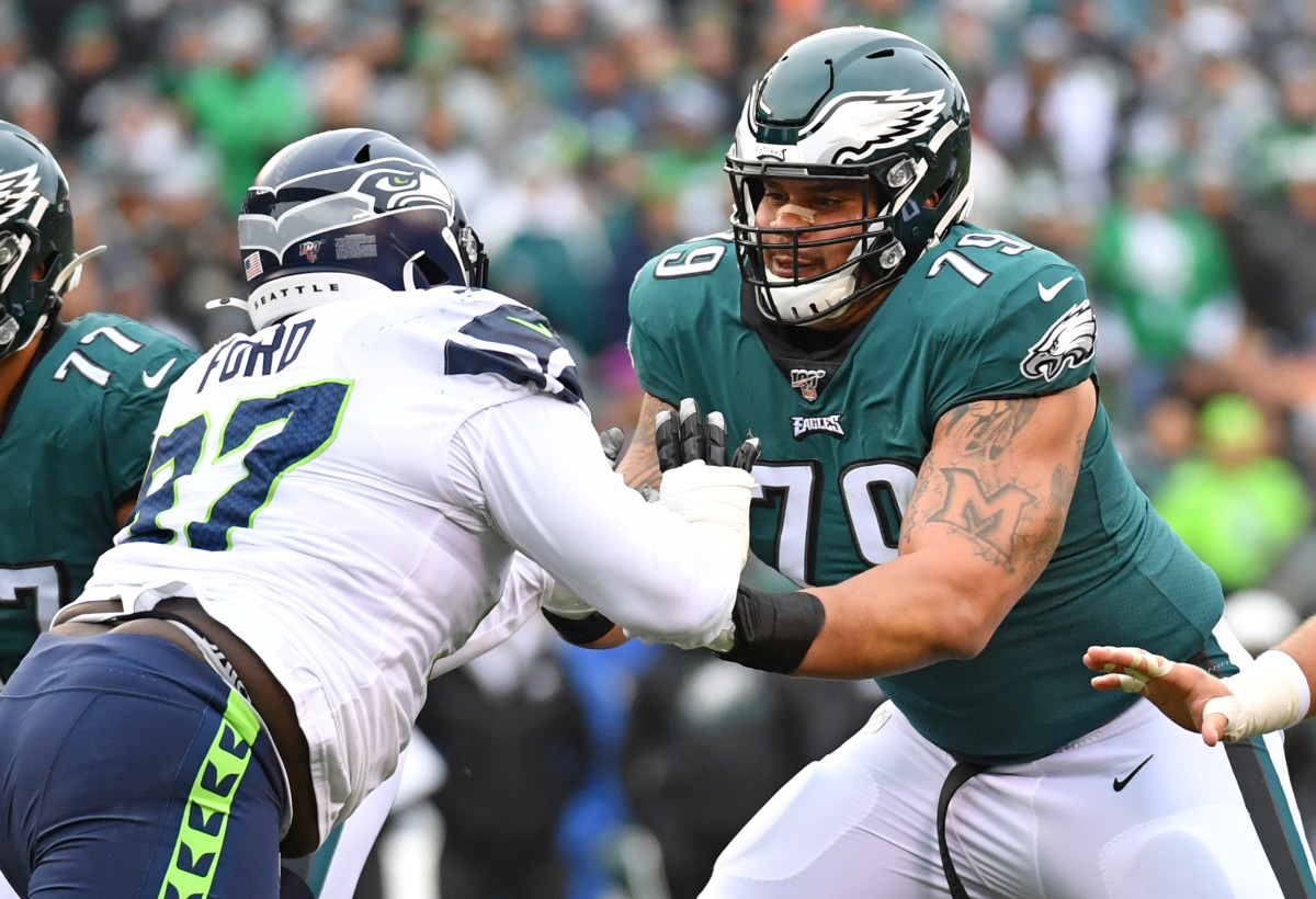 Philadelphia Eagles offensive guard Brandon Brooks (79) blocks Seattle Seahawks defensive tackle Poona Ford (97) against the Seattle Seahawks at Lincoln Financial Field.